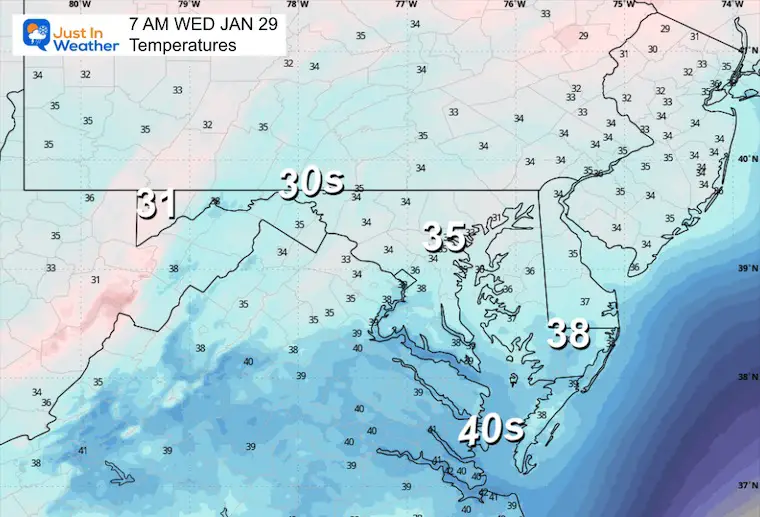 January 28 weather temperatures Wednesday morning