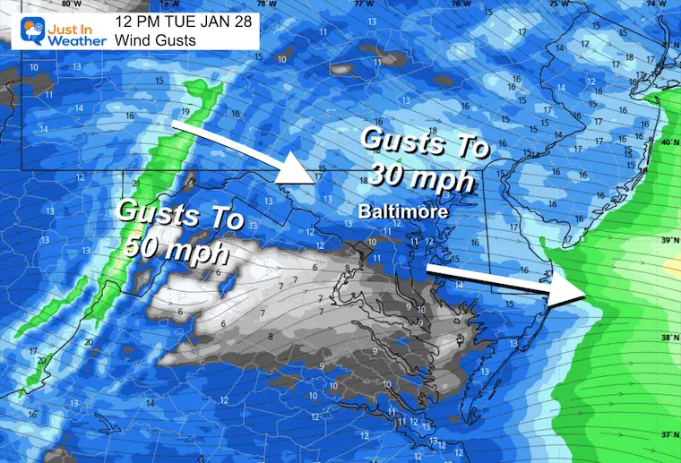 January 28 weather wind Tuesday noon