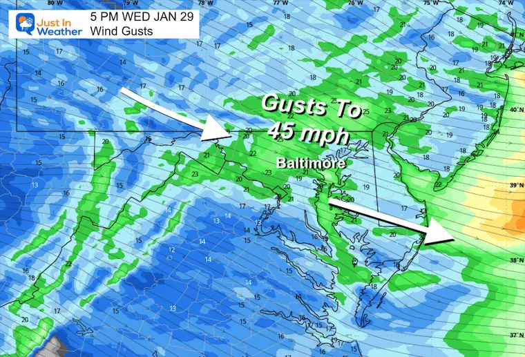 January 28 weather wind forecast Wednesday afternoon