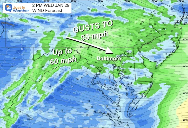 January 28 weather forecast wind Wednesday afternoon