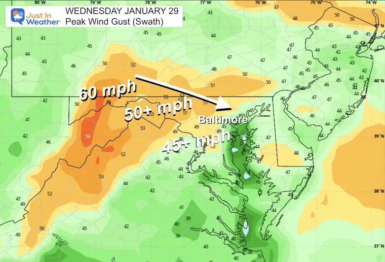 January 28 wind gust forecast Wednesday