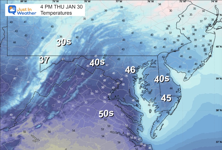 January 29 weather temperatures Thursday afternoon