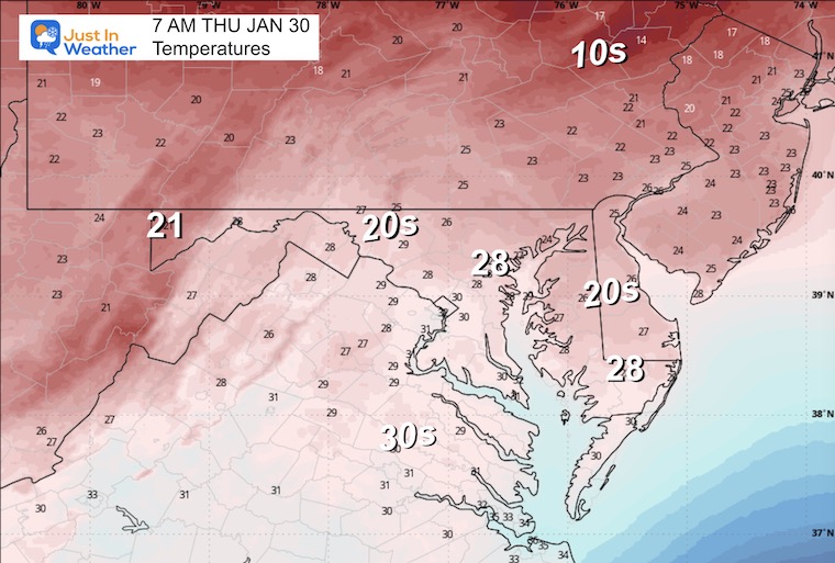 January 29 weather temperatures Thursday morning