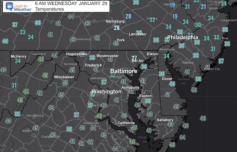 January 29 weather temperatures Wednesday morning