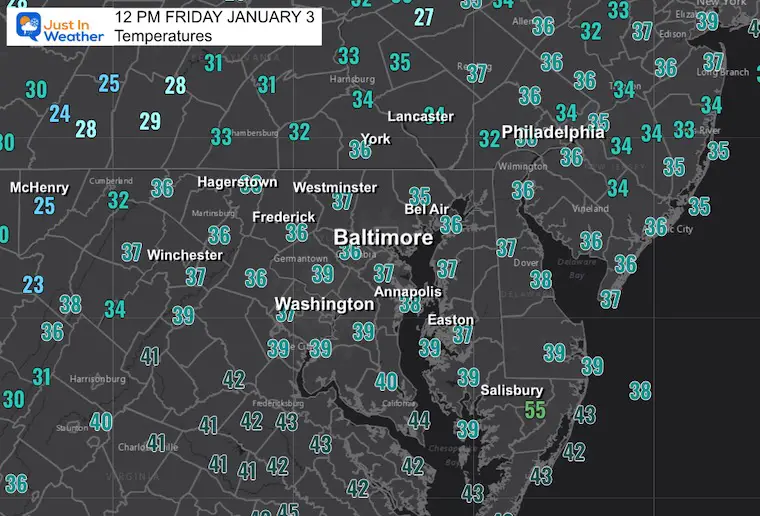 January 3 weather temperatures noon Friday