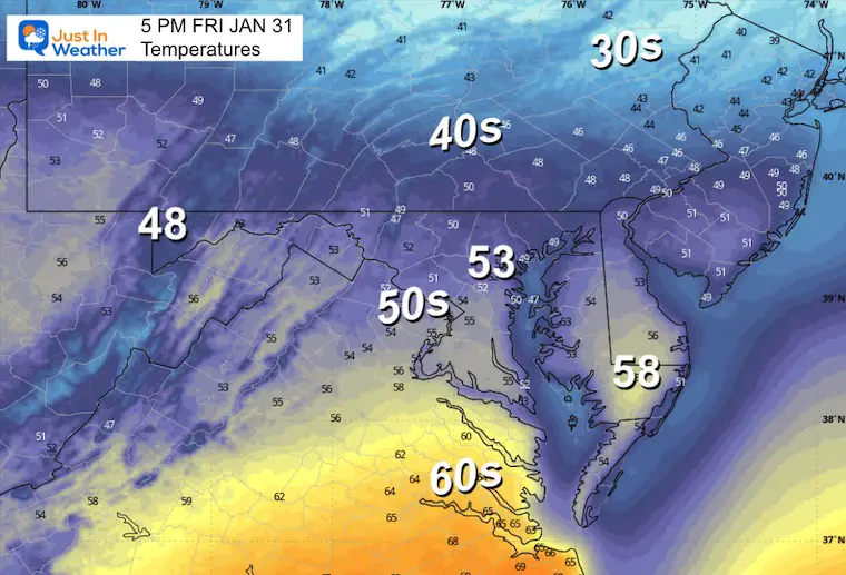 January 30 weather temperatures Friday afternoon