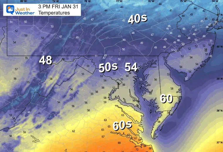 January 30 weather temperatures Friday afternoon