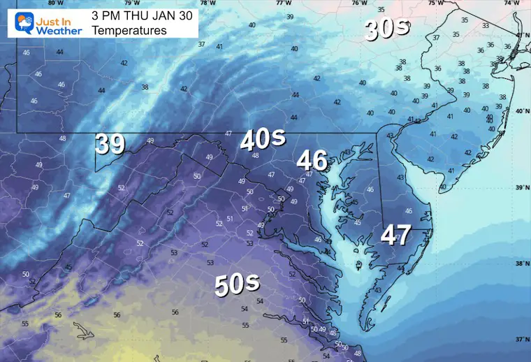 January 30 weather temperatures Thursday afternoon