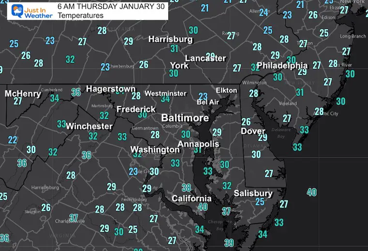 January 30 weather temperatures Thursday morning