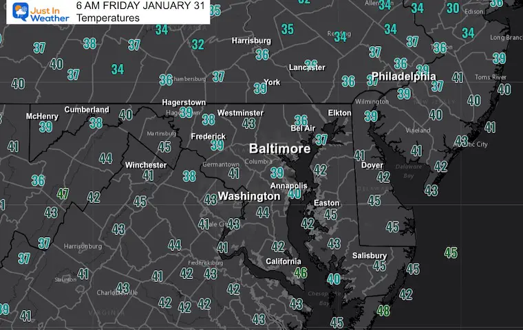 January 31 weather temperatures Friday Morning