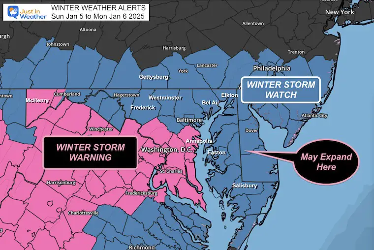 January 4 winter storm warning Maryland and Virginia