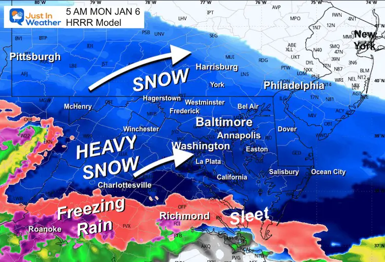 January 5 weather forecast radar snow Monday morning HRRR