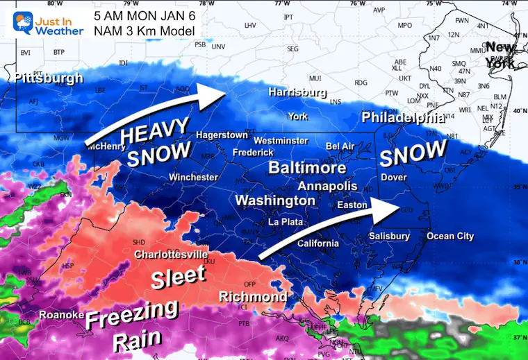 January 5 weather forecast radar snow Monday morning NAM