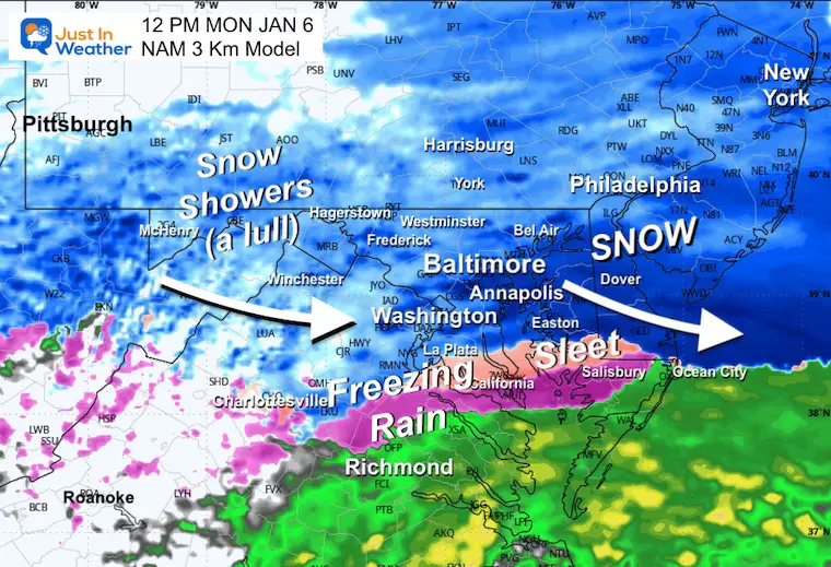 January 5 weather forecast radar snow Monday Noon