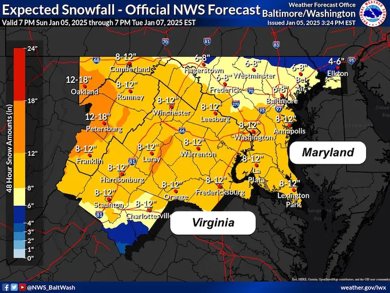 January 5 snow forecast NWS Washington and Baltimore updated