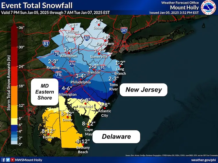 January 5 snow forecast NWS New Jersey and Delaware updated