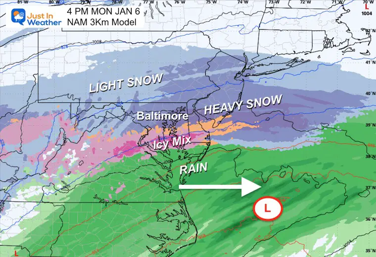 January 5 weather winter storm snow ice Monday afternoon NAM