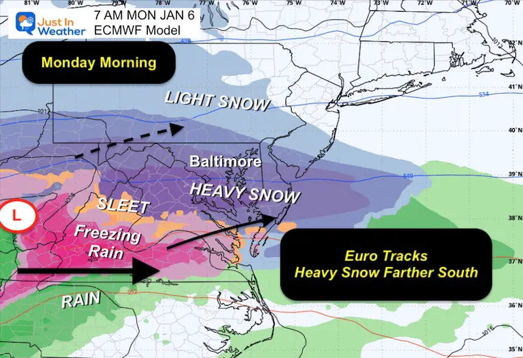 January 5 weather winter storm snow ice Monday morning ECMWF