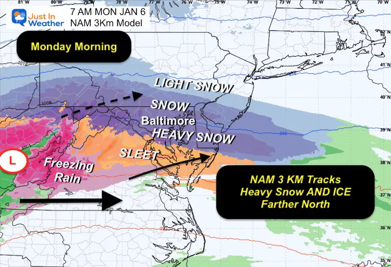 January 5 weather winter storm snow ice Monday morning NAM