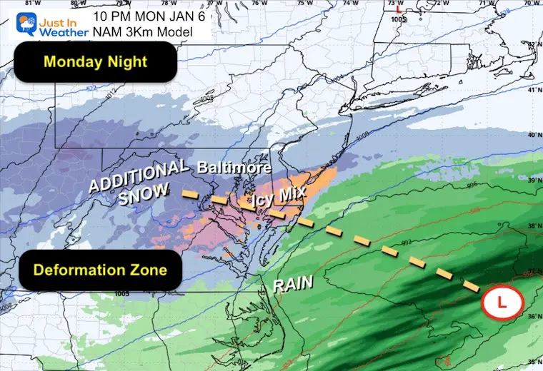 January 5 weather winter storm snow ice Monday night NAM