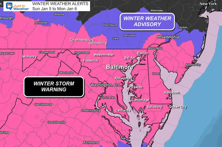 January 5 Winter Storm Warning Maryland Virginia Delaware