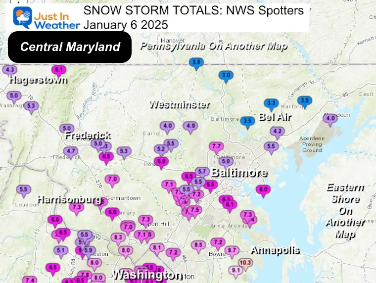 January 6 snow spotter map Central Maryland