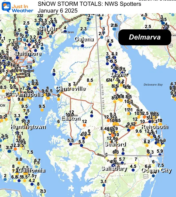 January 6 snow spotter map Delmarva