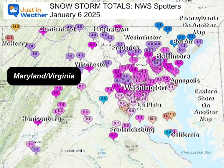 January 6 snow spotter map Maryland and Virginia