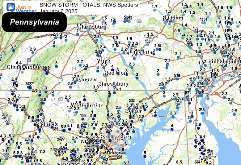 January 6 snow spotter map Southern PA