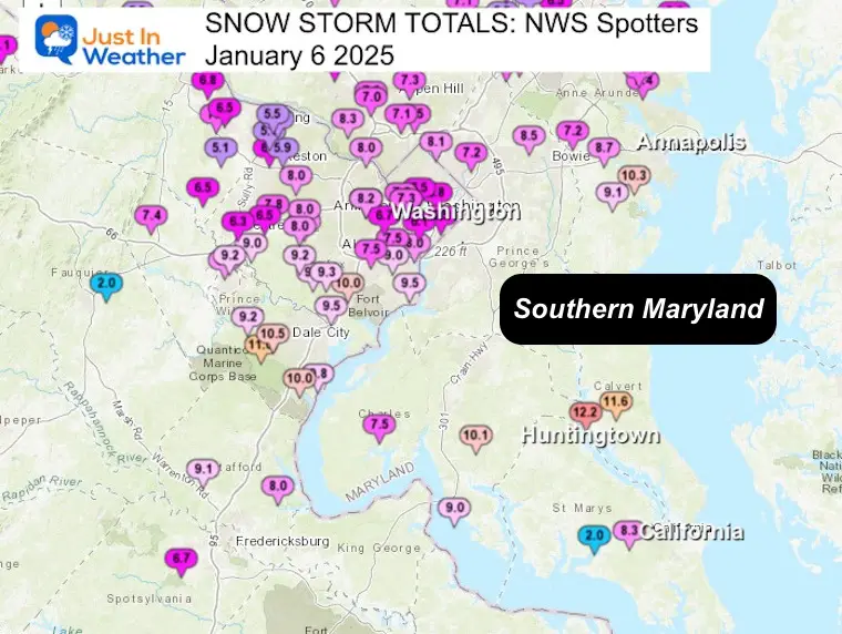 January 6 snow spotter map Southern Maryland