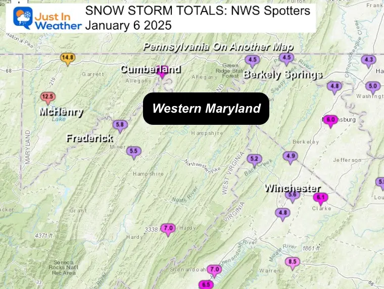 January 6 snow spotter map Western Maryland