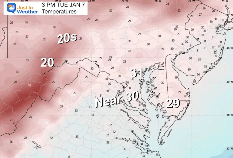 January 6 weather temperatures Tuesday afternoon