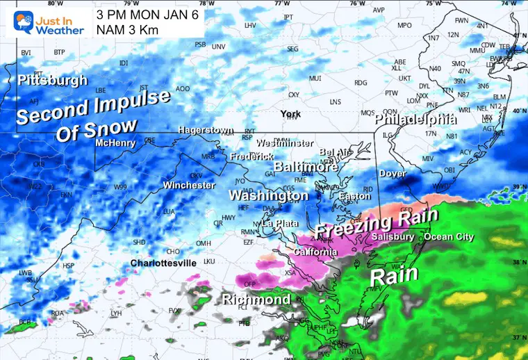 January 6 weather snow radar Monday afternoon