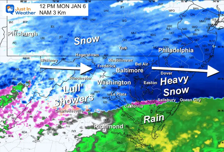 January 6 weather snow radar Monday noon