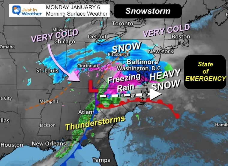 January 6 winter storm weather map Monday morning