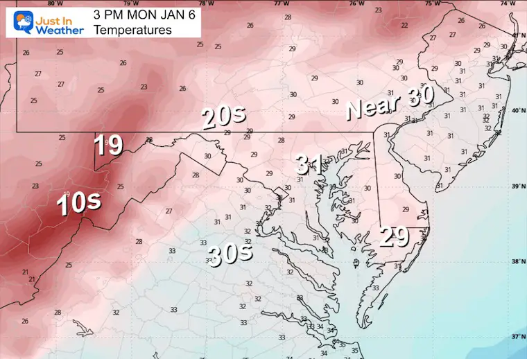 January 6 weather temperatures Monday afternoon