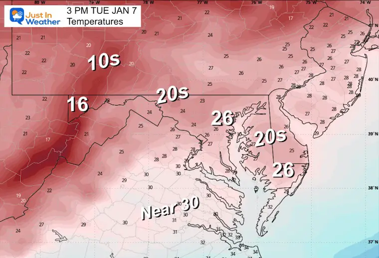 January 6 weather temperatures Tuesday afternoon