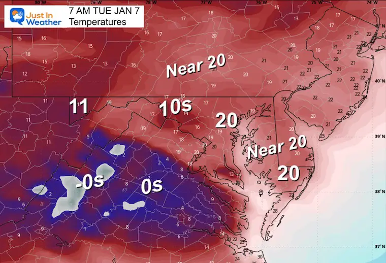 January 6 weather temperatures Tuesday morning