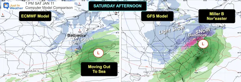 January 6 weekend winter storm comparison ECMWF GFS Saturday afternoon