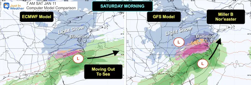 January 6 weekend winter storm comparison ECMWF GFS Saturday morning