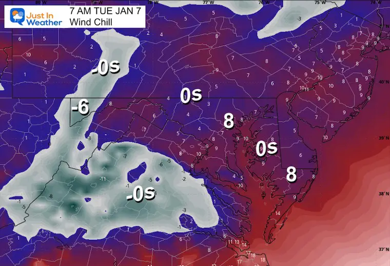 January 6 weather wind chill Tuesday morning