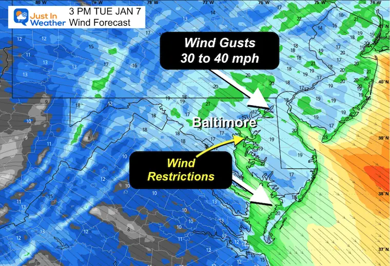 January 7 weather wind forecast Tuesday afternoon