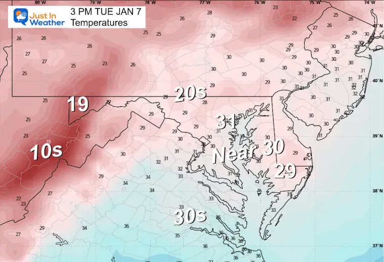 January 7 weather temperatures Tuesday afternoon