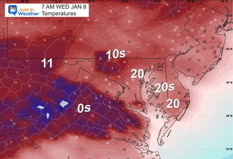 January 7 weather temperatures Wednesday morning