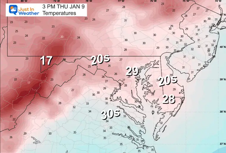 January 8 weather temperature Thursday afternoon