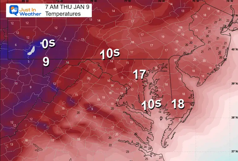 January 8 weather temperature Thursday Morning