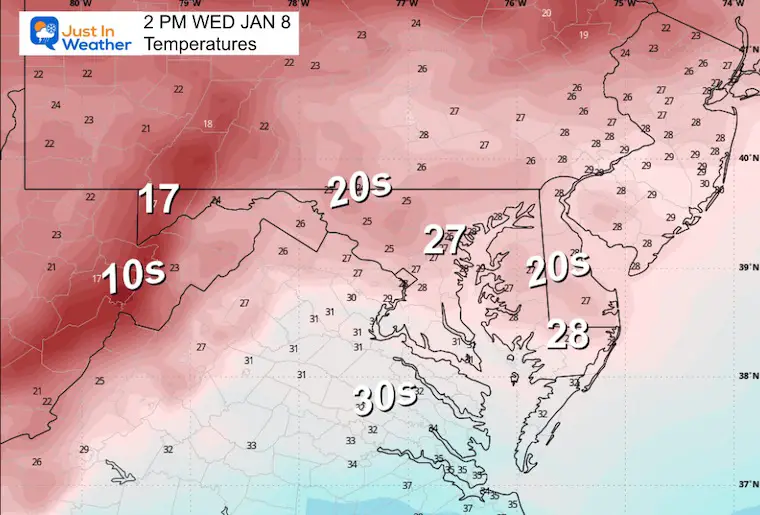 January 8 weather temperature Wednesday afternoon