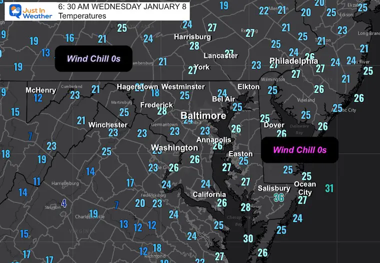 January 8 weather temperatures Wednesday morning