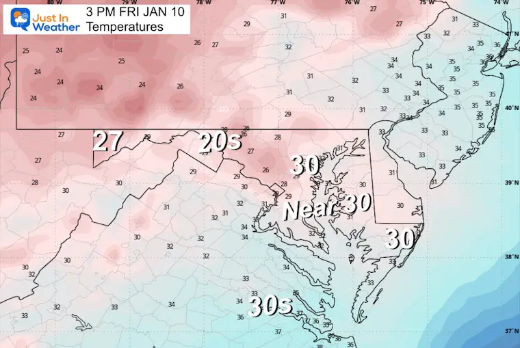 January 9 weather forecast temperature Friday afternoon