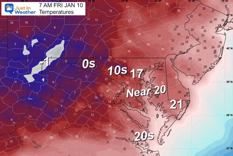 January 9 weather forecast temperature Friday morning